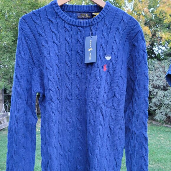Authentic Blue Polo Ralph Lauren Cable Knit Sweater with Red Pony Size XXL - Picture 1 of 16